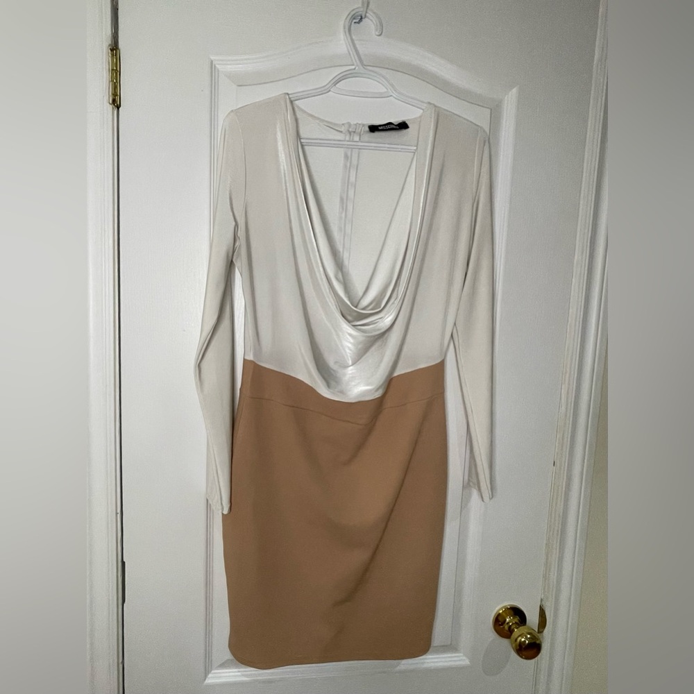 Missguided Cream and Tan Long Sleeve Dress
